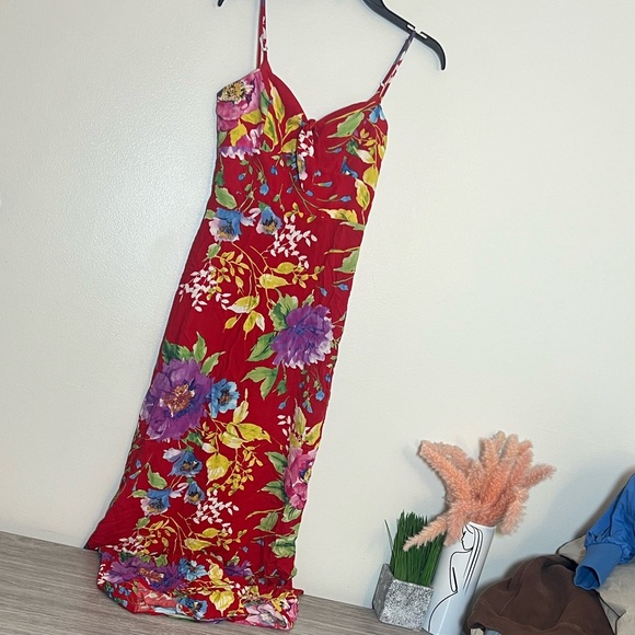 Lulus Santiago Red Floral Sleeveless Cami Tie Front Tank Maxi Dress XS - Picture 4 of 5